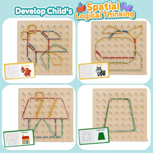 Wooden Geoboard, Montessori STEM Toy with Pattern Cards for Kids Ages 3+ | Pattern Cards & Rubber Bands, Geometric Shape Learning, Classroom STEM Tool, Brain Teaser Gift - size: 6*6 in
