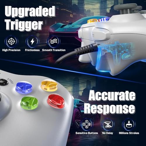 Xexvyrin Wired Controller for Xbox 360, Compatible with xbox 360/360 S/360 E, with Dual-Vibration, 2.5mm Headphone Jack（pure white ） (pure white) - color: Pure White