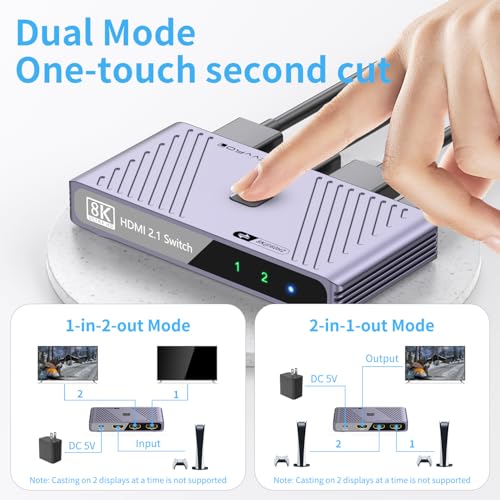 HD Switch 4K120Hz 8K60Hz – 2-in-1-out HD 2.1 Switch Box, Port Expander, Selector (with Remote Control), Supports 3D/HDR/HDCP 2.3, Compatible with PS5/4/3, Xbox, Switch, DVD Players, TVs and Computers