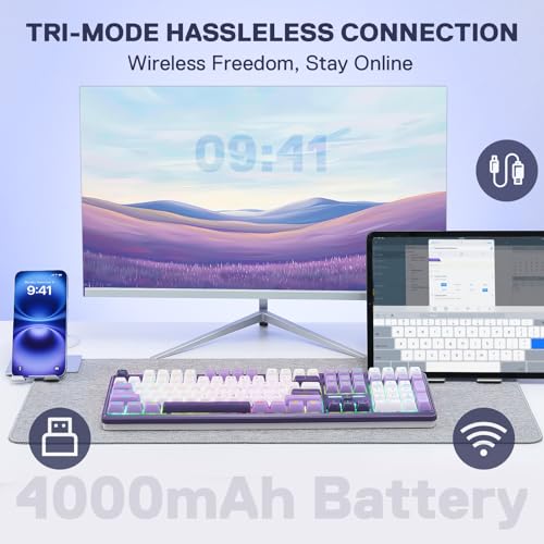 Redragon K745 PRO Wireless Gasket RGB Gaming Keyboard, 108 Keys Mechanical Keyboard w/Extra 4 Hotkeys, Hot-Swap Socket, 5-Layer Noise Dampening, See-Through Round PBT Keycaps, Mint Mambo Switch - color: Charming Purple, size: 108 Keys