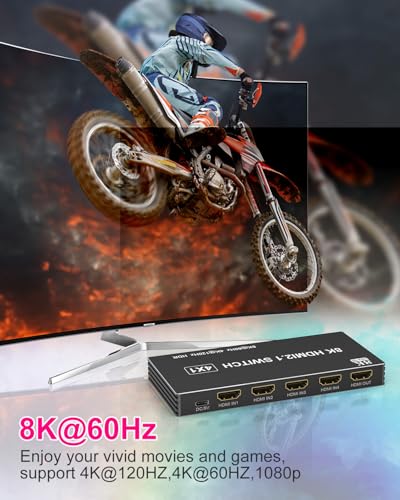 HDMI Switcher 4 in 1 Out - 4 Port 8K HDMI 2.1 Switch with Remote, Supports 8K@60Hz, 4K@120Hz, HDR10+, VRR, 3D, HDCP2.3 – Compatible with PS5, Xbox, Fire Stick, Projector, Monitor HDMI Splitter