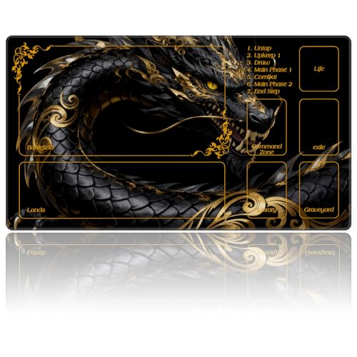 for MTG Playmat with Zones 24 x 14 inches for TCG Playmats Non-Slip Rubber Base Commander Play Mat for MTG Mat Iorcana Trading Card Game, Black Dragon with Gold Patterns - color: Black Dragon With Gold Patterns, size: 24" x 14"