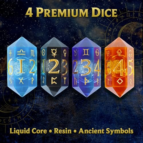 Dice of Stars & Stone – Premium D6 Dice Set | 4-Pack with Dice Bag | Six-Sided, Resin, Liquid-Core | Rune and Astrology Symbols | Witchy Gift | for D&D, Tabletop RPGs, Castings, Board Game Upgrades