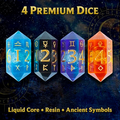 Dice of Stars & Stone – Premium D6 Dice Set | 4-Pack with Dice Bag | Six-Sided, Resin, Liquid-Core | Rune and Astrology Symbols | Witchy Gift | for D&D, Tabletop RPGs, Castings, Board Game Upgrades