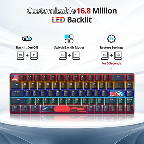 60 Percent Gaming Keyboard Mechanical with Linear Red Switch, 65% Wired Ultra-Compact Mini Keyboard Rainbow with PBT Keycaps for Ps4/Ps5/Xbox(68 Blue) - color: 68 Blue/red swicth