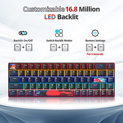 60 Percent Gaming Keyboard Mechanical with Linear Red Switch, 65% Wired Ultra-Compact Mini Keyboard Rainbow with PBT Keycaps for Ps4/Ps5/Xbox(68 Blue) - color: 68 Blue/red swicth