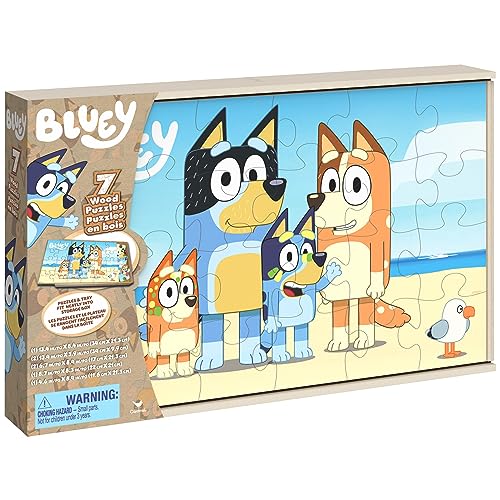 Spin Master Games Bluey 7-Pack Wooden Puzzles with Storage Tray for Kids | Includes 7 Wooden Puzzles, Screen-Free Activity, Develops Fine Motor Skills & Dexterity, Features Bluey & Family, Ages 4+