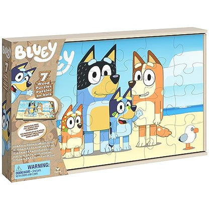 Spin Master Games Bluey 7-Pack Wooden Puzzles with Storage Tray for Kids | Includes 7 Wooden Puzzles, Screen-Free Activity, Develops Fine Motor Skills & Dexterity, Features Bluey & Family, Ages 4+