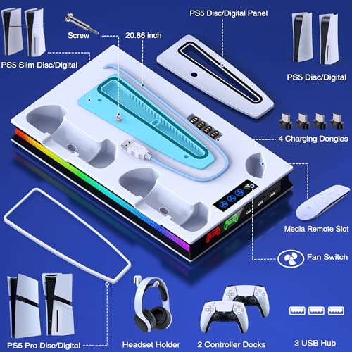 PS5/Pro/Slim Stand and Cooling Station with Controller Charging Station for Playsation 5 Disc Digital Console, PS5 Accessories Incl. 3 Level Cooling Fan, LED, 3 USB Hub, Media Slot, Headset Holder