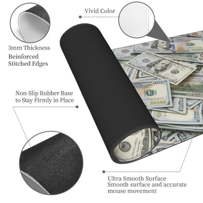 Money Pattern Gaming Mouse Pad, Large Extended Desk Mat (31.5x11.8 in), Non-Slip Rubber Base Stitched Edges Mousepad for Work Office Gaming & School - color: 3