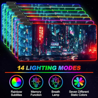 ARTSO RGB Gaming Mouse Pad Large, Extended Soft Led Mouse Pad with 14 Lighting Modes 2 Brightness, Water Resist Keyboard Pad, Computer Mousepads Mat 35.4x15.7inch, Night City - color: Night City