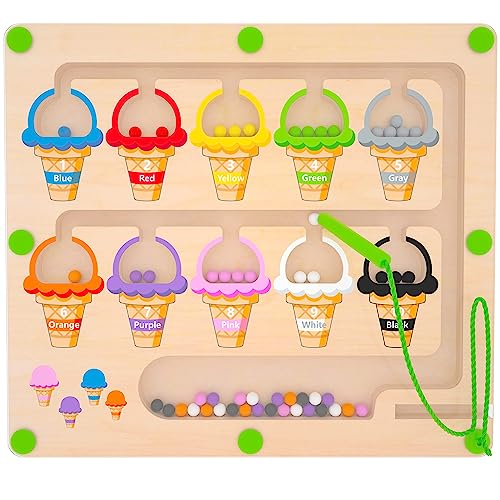 MTYOKILN Magnetic Color & Number Maze - Montessori Wooden Color Matching Learning Counting Puzzle Board - Toddler Fine Motor Skills Toys for Boys Girls 2 3 4 Years Old - style: Ice Cream