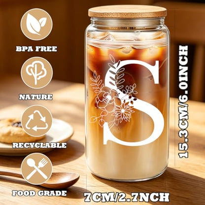 DHQH Birthday Gifts for Women, Monogrammed Gifts Box Included 16 oz Initial Glass Drinking Cup,Canvas Tote Bag, Personalized Iced Coffee Tumbler Gift for Women Her Mom Teacher Friends Sister, S - color: letter-cup-s