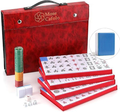 Chinese Mahjong Game Set 146 Numbered Large Tiles with Carrying Travel Case | Complete Majiang Mah Jongg Ma Jong set for family game nights parties travel and gifting with easy setup and portable storage - color: Blue Tile