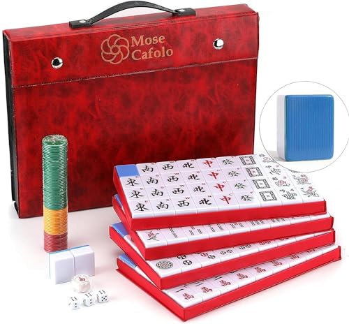 Chinese Mahjong Game Set 146 Numbered Large Tiles with Carrying Travel Case | Complete Majiang Mah Jongg Ma Jong set for family game nights parties travel and gifting with easy setup and portable storage - color: Blue Tile