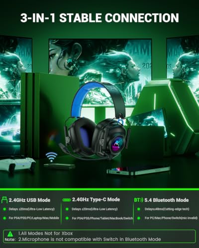 Krysenix Wireless Gaming Headset with Noise Canceling Microphone for PC, PS5, PS4, Switch, Mac, 2.4 GHz Wireless & Bluetooth 5.4 Gaming Headphones, Cool RGB Lighting, 50Hr Battery, 50mm Drivers(Blue) - color: Blue