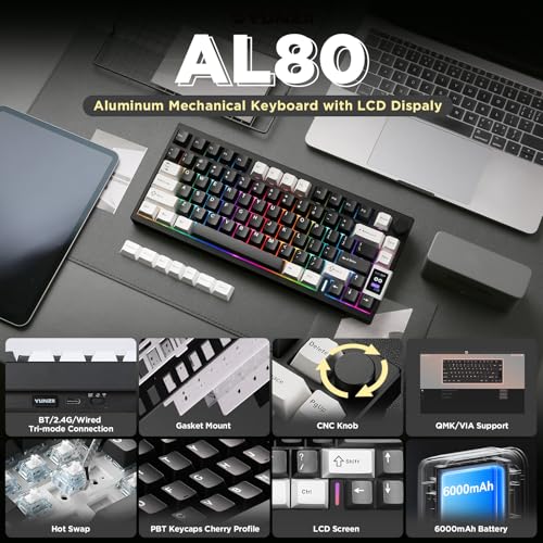 YUNZII AL80 75% Wireless Aluminum Mechanical Keyboard(Black, Cocoa Cream) | QMK/VIA, Smart LCD Display and Knob, Hot Swap, Gasket Structure, BT/2.4G/USB-C, RGB Keyboard for Gaming/Win/Mac - color: Black, size: Cocoa Cream V2 Switch