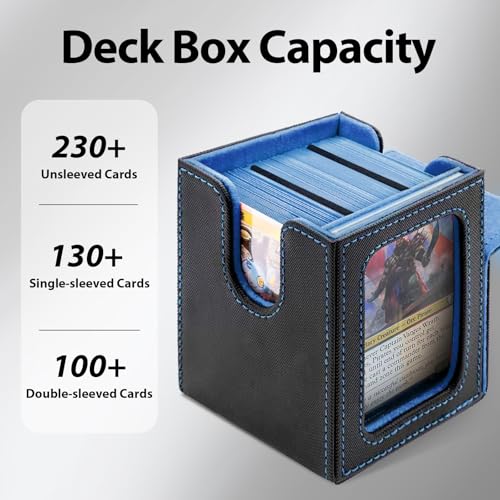 Card Deck Box with MTG Commander Display, Fits 100 Double Sleeved Cards, Magnetic Deck Case compatible with TCG Black/Blue - color: Black/Blue