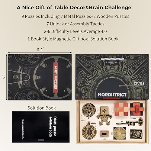 9PCS Metal Brain Teaser Puzzle Set, 3D Disentanglement Interlocking IQ Brain Puzzles for Adults & Teens, Fidget Desk Toy, Stress Relief Gift for Birthday, Christmas, Holiday & Family Party - color: Black