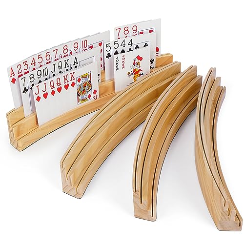 LotFancy Playing Card Holders for Kids Adults Seniors, Set of 4, 3-Tier Curved Wooden Card Holder for Family Card Game Night, Canasta, Bridge, Poker Parties, Hands Free - style: 4-Pack