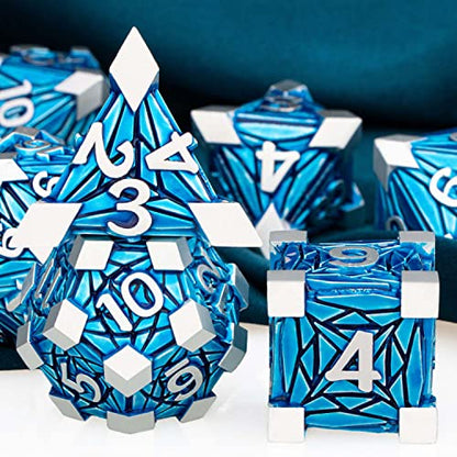 ARUOHHA DND Metal Dice Set Crystal Shards Dice with Gift Box, 7PCS Silver Blue Polyhedral Dice RPG Role Playing Game Handmade 6 Sided D and D Dice Set D20 D12 D10 D8 D6 D4 - color: Silver Blue