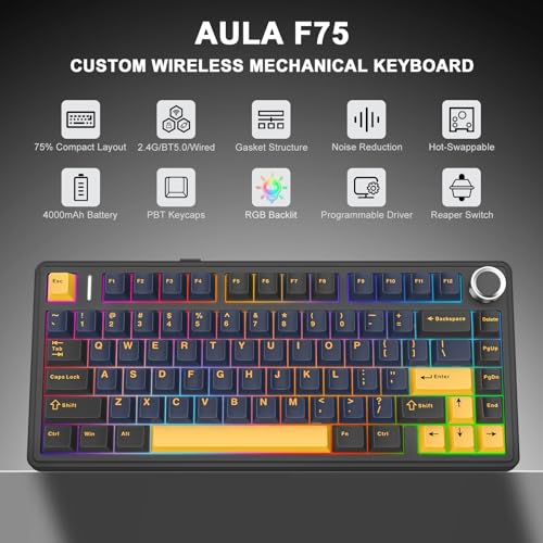 Aula F75 Wireless Mechanical Keyboard, 75% Hot Swappable Custom Gaming Keyboard with Knob,BT5.0/2.4GHz/USB-C,RGB Backlit,Pre-lubed Reaper Switches, Mechanical Gaming Keyboards (Black & Gold) - color: Black & Gold
