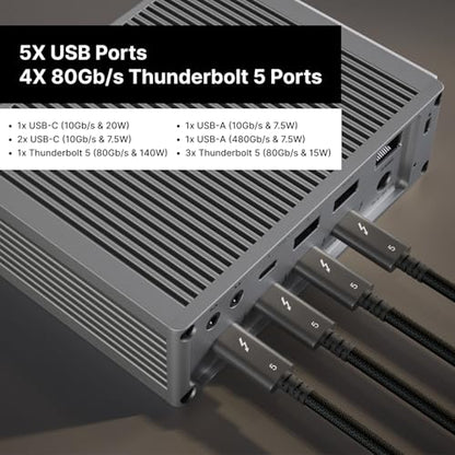 CalDigit TS5 Thunderbolt 5 Dock - 15 Port, 140W Charging, 80Gb/s TBT 5 x 4, USB-C 10Gb x 3, USB-A x2, 2.5Gb Ethernet, Dual 8K@60Hz Displays, SD & microSD UHS-II, 1m Braided Cable, Space Gray 240W PSU - style: TS5