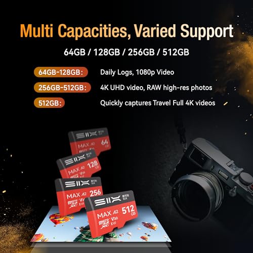 SIX M200 256GB Micro SD Card Read Up to 190MB/s for 4K UHD Continuous Recording - A2, U3, V30 microSDXC Memory Card 256GB with Adapter for Action Cameras, Drones, Gaming Consoles, Dash Cams, Phones - size: 256GB