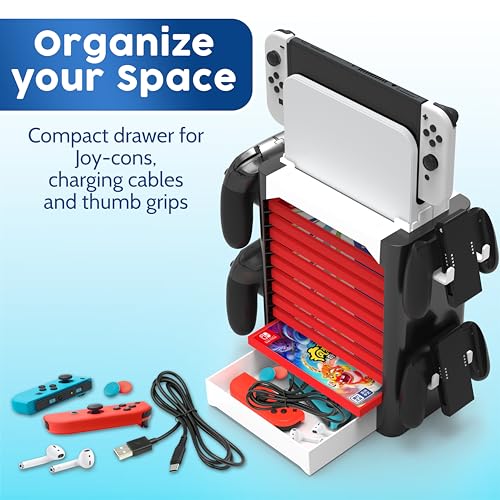 NS Compatible Nintendo Switch Games Holder, Nintendo Switch Stand - White | Holds up to 10 Game Case & 4 controllers Game Disk Rack, Switch Holder Stand for Gamers, Nintendo Switch Accessories - color: White
