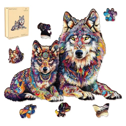 Ruikiyart Wooden Puzzles for Adults, 500 Pieces Wolf Cub Wood Jigsaw Puzzles, Animal Unique Shaped Brain Teaser Puzzles Challenge Puzzles for Kids Home Decor (20.5"*16.1") - color: Wolf Family-1, size: 500 Pieces