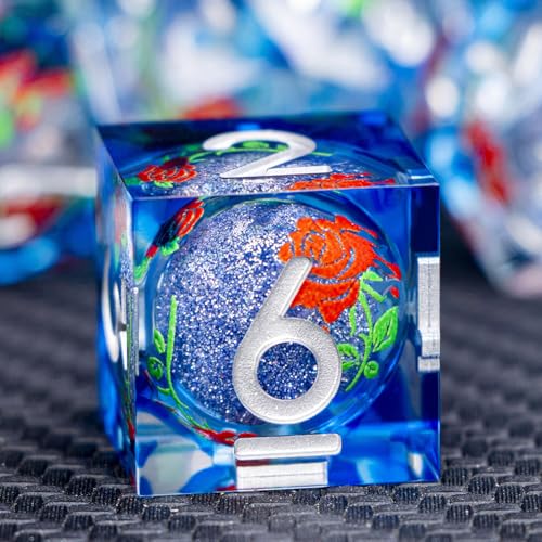 ARUOHHA Liquid Core DND Dice Set, Vampire Sharp Edged Dragons Dice Compatible with D&D RPG Role Playing Games, Resin Blood Red Polyhedral Dungeons D and D Dice with Gift Box D20 D12 D10 D8 D6 D4 - color: Rose - Silver Blue