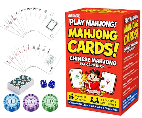 Chinese Mahjong Tile Set: Mahjong Playing Cards,144 Mahjong Cards, Portable Deluxe Set with Dice,Chips &Game Guide, Easier Than Traditional Tiles,Fun for Any Occasion.
