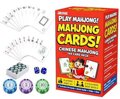 Chinese Mahjong Tile Set: Mahjong Playing Cards,144 Mahjong Cards, Portable Deluxe Set with Dice,Chips &Game Guide, Easier Than Traditional Tiles,Fun for Any Occasion.