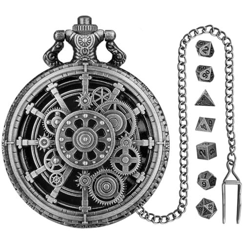 Mini DND Dice Set with Steampunk Dark Silver Hollow Gear Pocket Watch Shell Case, 7pcs Polyhedral Metal D&D Dice, DND Gifts with Gift Box for DND Lovers, Role Playing Board Games Accessories - color: Dark Silver