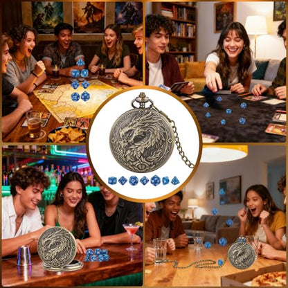 Mini DND Dice Set with Steampunk Dragon Large Pocket Watch Shell Case, 7-Piece Polyhedral Acrylic D&D Dice, DND Gift Bag with Dragon Logo, Role Play Board Game Accessories, Bronze + Blue - color: Bronze + Blue