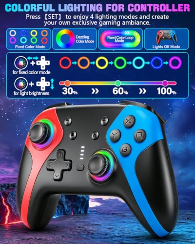 GaloDrmy Wireless Switch Controllers for Nintendo Switch/OLED/Lite/Switch 2 | 1000mAh Rechargeable Switch Pro Controller with 10 Color LED/Motion Control/Wake Up/Turbo/Hall Effect Joysticks, Red & Blue - color: Red & Blue