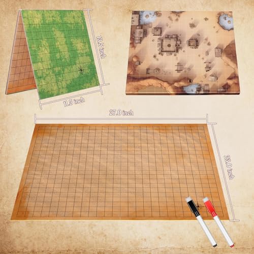 CZYY Foldable Battle Map, Double-Sided Dry Erase Cardboard RPG Mat | Grassland & Desert Sides, Compact Folded Size, Scenery Pieces & Markers Included, Gift for RPG Players & Game Masters