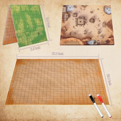 CZYY Foldable Battle Map, Double-Sided Dry Erase Cardboard RPG Mat | Grassland & Desert Sides, Compact Folded Size, Scenery Pieces & Markers Included, Gift for RPG Players & Game Masters