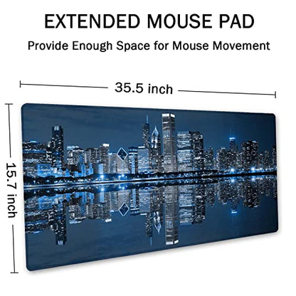SSOIU Extended Gaming Mouse Pad (35.5x15.7 in), Large Non-Slip Rubber Base Mousepad with Stitched Edges, Waterproof Keyboard Mouse Mat Desk Pad for Work, Game, Office, Home - Chicago Skyline - color: Chicago Skyline