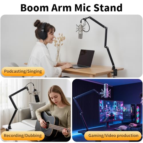 Mic Stand for Lightweight Mics,Microphone Boom Arm with Cable Management & 3/8" 5/8" Threads,Foldable for Streaming,Podcasting,Gaming