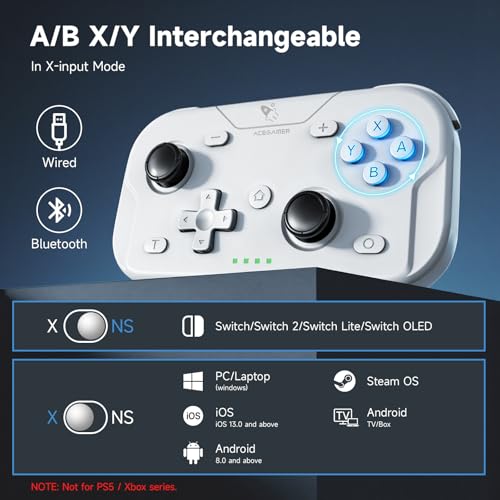 AceGamer Wireless Pocket Controller for Nintendo Switch/Switch 2/Android/iOS/PC/Steam Deck/Phone,1000Hz Polling Rate, Bluetooth Controller with Lift-and-Lock Joysticks/6-Axis Gyroscope/Turbo, White - color: White, size: Small