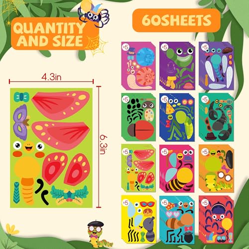 Sinceroduct Make Your Own Stickers for Kids, Fun Bug Sticker Kit with 60 Insect, Animal Face Sticker Sheets, Perfect for Rewards, Party Favors, Holiday Gifts, and Christmas Day, Valentine's Day - style: Insect