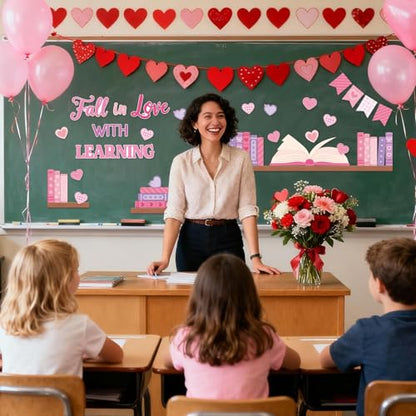 TICIAGA Pink Heart Book Learning Bulletin Board - 62Pcs Back to School Bookshelf Fall in Love with Learning Pink Heart Cutout Border Book Flag Banner for February School Library Classroom Wall Decor - style: Valentines