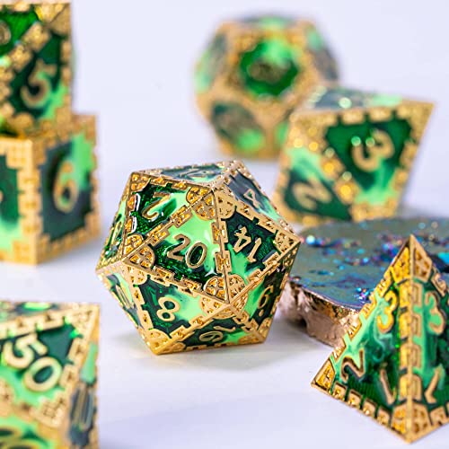 UDIXI Metal Dice Set D&D Polyhedral DND Dice Set Green for Tabletop Games | 7-Pieces, Dragon Carved, Chain-edge Design, Metal Gift Box, DM Gift, for Dungeons and Dragons Role Playing Games - color: Chain Frame-mint Green