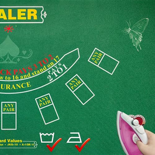2-in-1 Casino Night Poker Mat, 36"x72" Double-Sided Texas Hold'em & Blackjack Felt Table Cover, Non-Slip Steel Clamps Included, Perfect for Game Night, Home & Casino Parties - color: Green