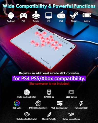 GuileKeys Leverless Controller Arcade Stick GK-16, All-Button Arcade Controller with Multi-function Button for PS4/PS3/PC/Switch, Arcade Fight Stick with RGB/Turbo/Hot-Swap/Custom Top Plate DIY White - color: GK-16 White