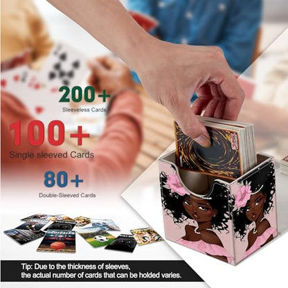 Card Deck Box, Card Storage Box Fits 100+ Single Sleeved Cards, Large Capacity PU Leather Card Storage Box with Strong Magnet for Magic Commander TCG CCG, African American Afro Women - color: African American Afro Women