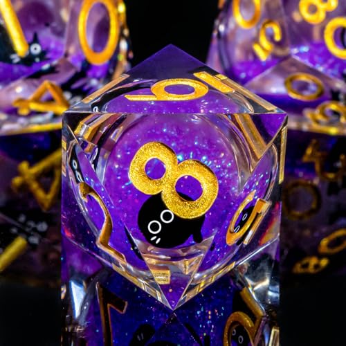 Roycevon Resin DND Dice Set with Gift Box, 7Pcs Liquid Core Cat D&D Dice, Cute Dungeons Dragons D and D Dice, Sharp Edge Role Playing Game Dice D20 D12 D10 D8 D6 D4, Purple - color: Purple