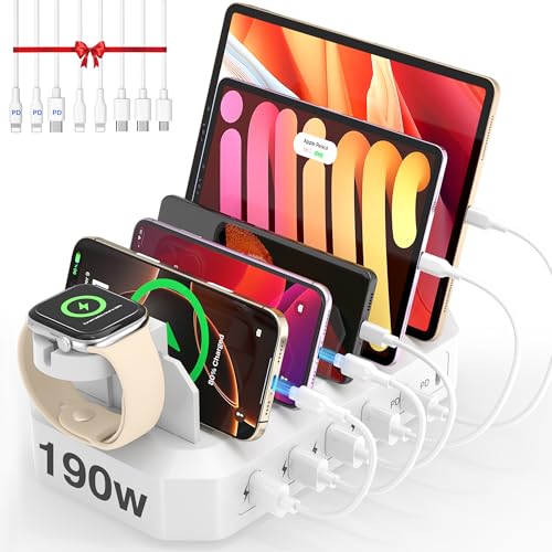190W Charging Station for Multiple Devices, 6-Port Charger Organizer Dock | 4 USB-A, 2 PD USB-C Port, Certified Safer Charging, with 8 Cables & 2 Stand, Compatible with Phone/MacBook/iPad/Tablet - color: White