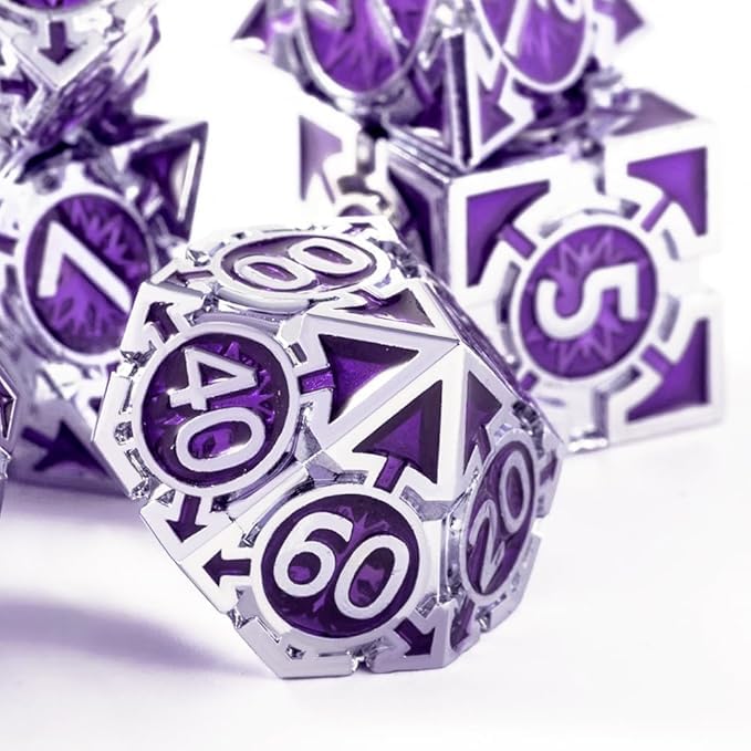 Metal DND Dice Set - High Artistic Making Dungeons and Dragons Dice, Large Weighted Metallic D&D Dice Sets - Polyhedral Role Playing Dice for MTG RPG, Silver Purple D and D Dice with DND Gift Box - color: Silver-purple
